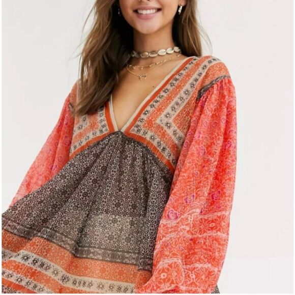 Free People NWT Aliyah Black combo boho blouse M - Picture 1 of 13